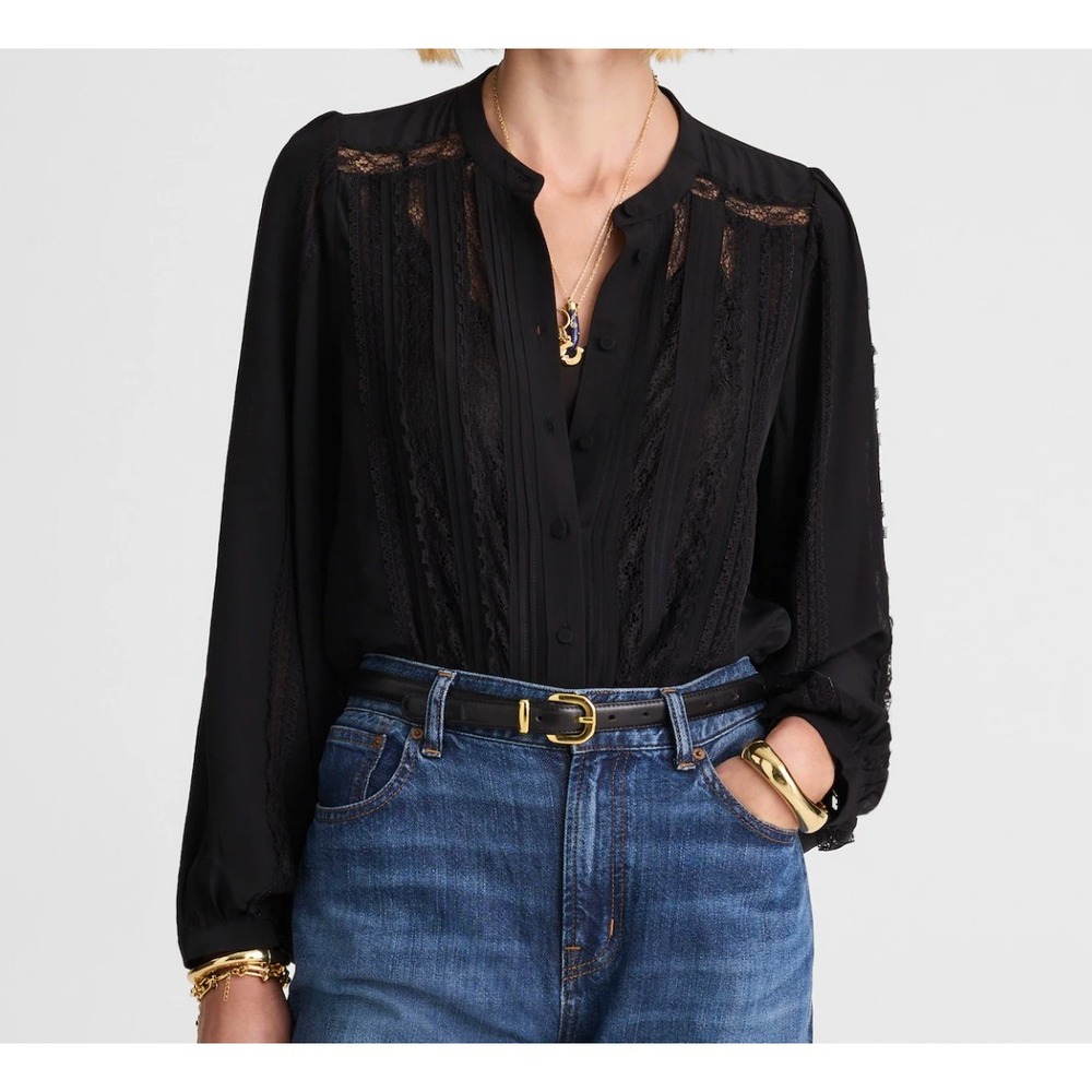 Madewell Lace-Insert Button-Up‎ Top Womens XS Black Pintuck Long Sleeve Romantic
